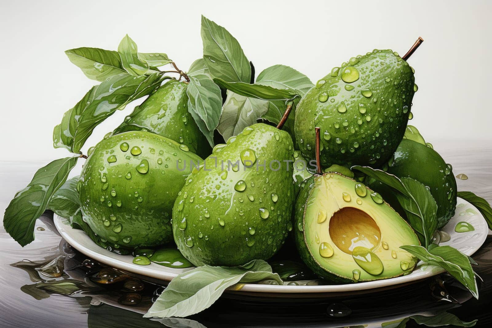 Set of watercolor avocados on white background. AI Generated