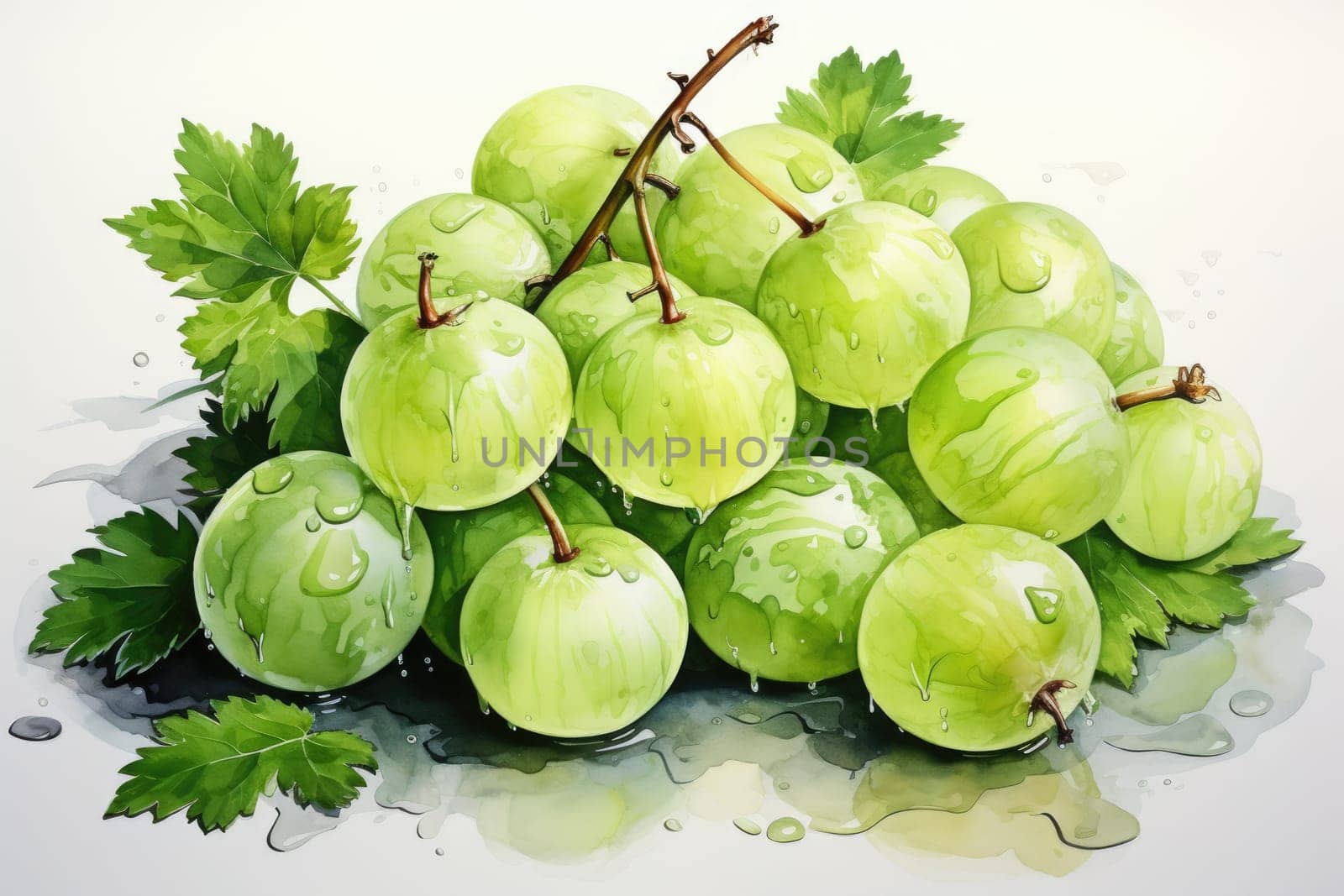 hand drawn watercolor gooseberries isolated on white background. AI Generated