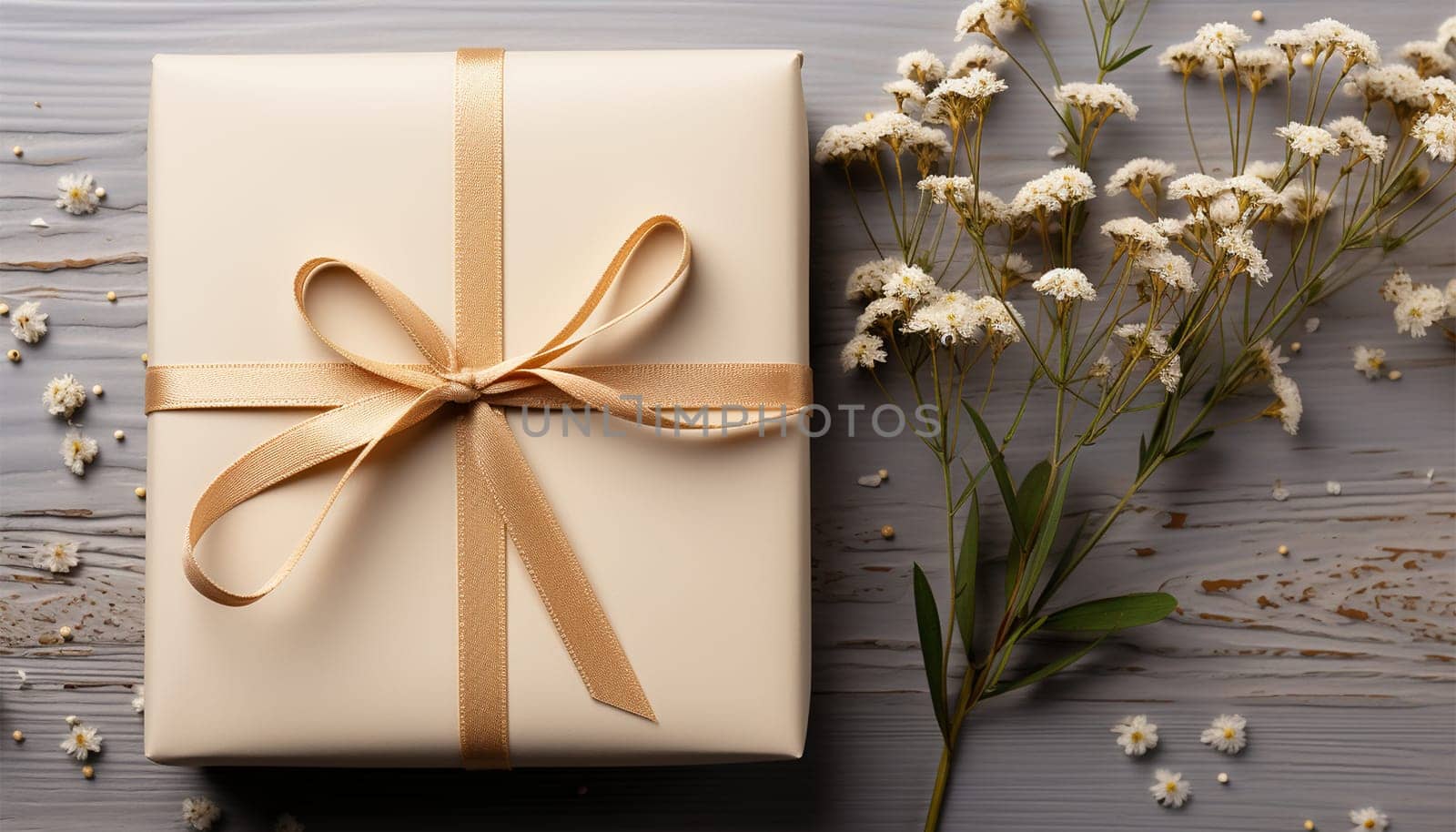 Handmade gift in craft paper box close up with lavender,romantic flowers. Shipping eco package with flowers. MINIMALISTIC Delivery pack. Gift idea, eco-lifestyle. Natural concept. Sustainable gift package. Romantic design Valentine's Day,Mother's Day concept by Annebel146