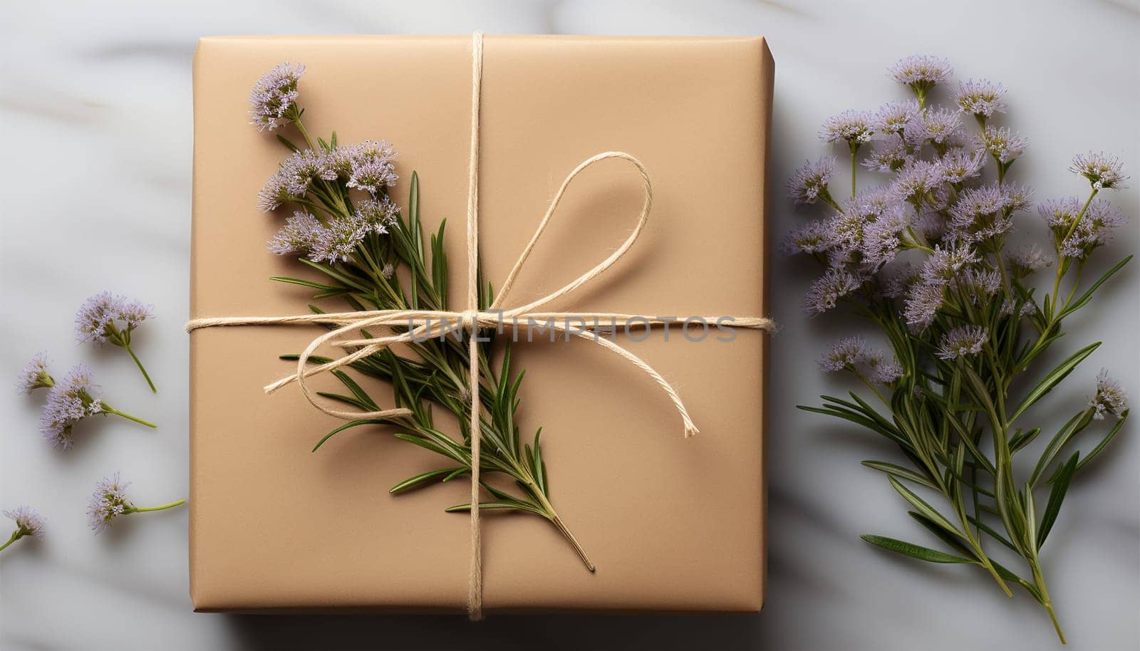Handmade gift in craft paper box close up with lavender,romantic flowers. Shipping eco package with flowers. MINIMALISTIC Delivery pack. Gift idea, eco-lifestyle. Natural concept. Sustainable gift package. Romantic design Valentine's Day,Mother's Day concept Natural