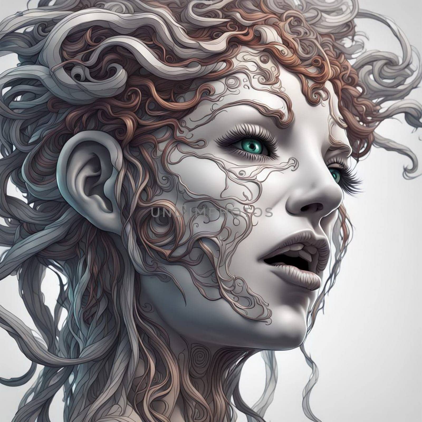 AI generated portrait of a Medusa in monochrome against a white background.