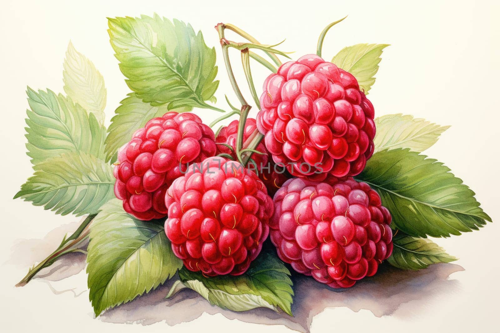 hand drawn watercolor raspberries isolated on white. AI Generated by Desperada