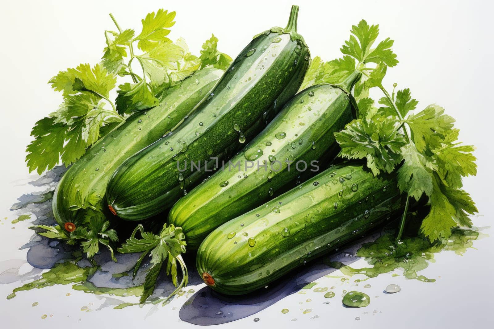 Set of watercolor zucchinis on white. AI Generated by Desperada