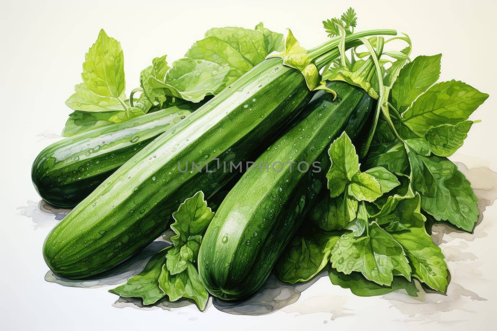 Set of watercolor zucchinis on white background. AI Generated