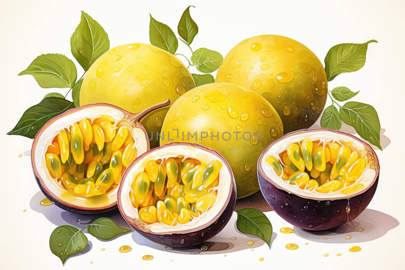 Watercolor passion fruit isolated on white. AI Generated by Desperada