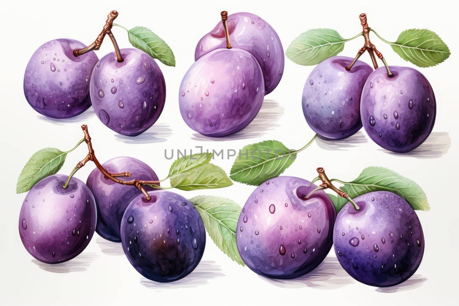 Watercolor plum fruit isolated on white. AI Generated by Desperada