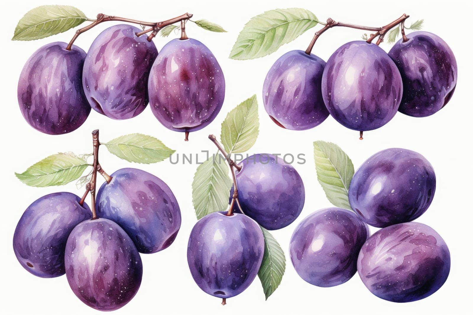 Watercolor plum fruit isolated on white. AI Generated by Desperada