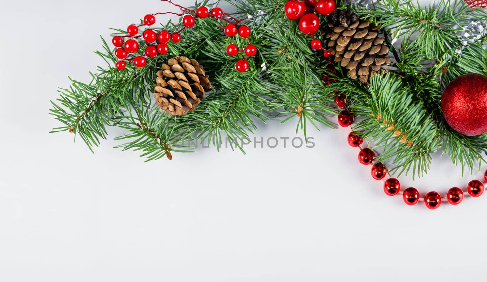 Snowberries with green twigs of Christmas tree, red decorations and cones in a holiday waved garland isolated on white or transparent background