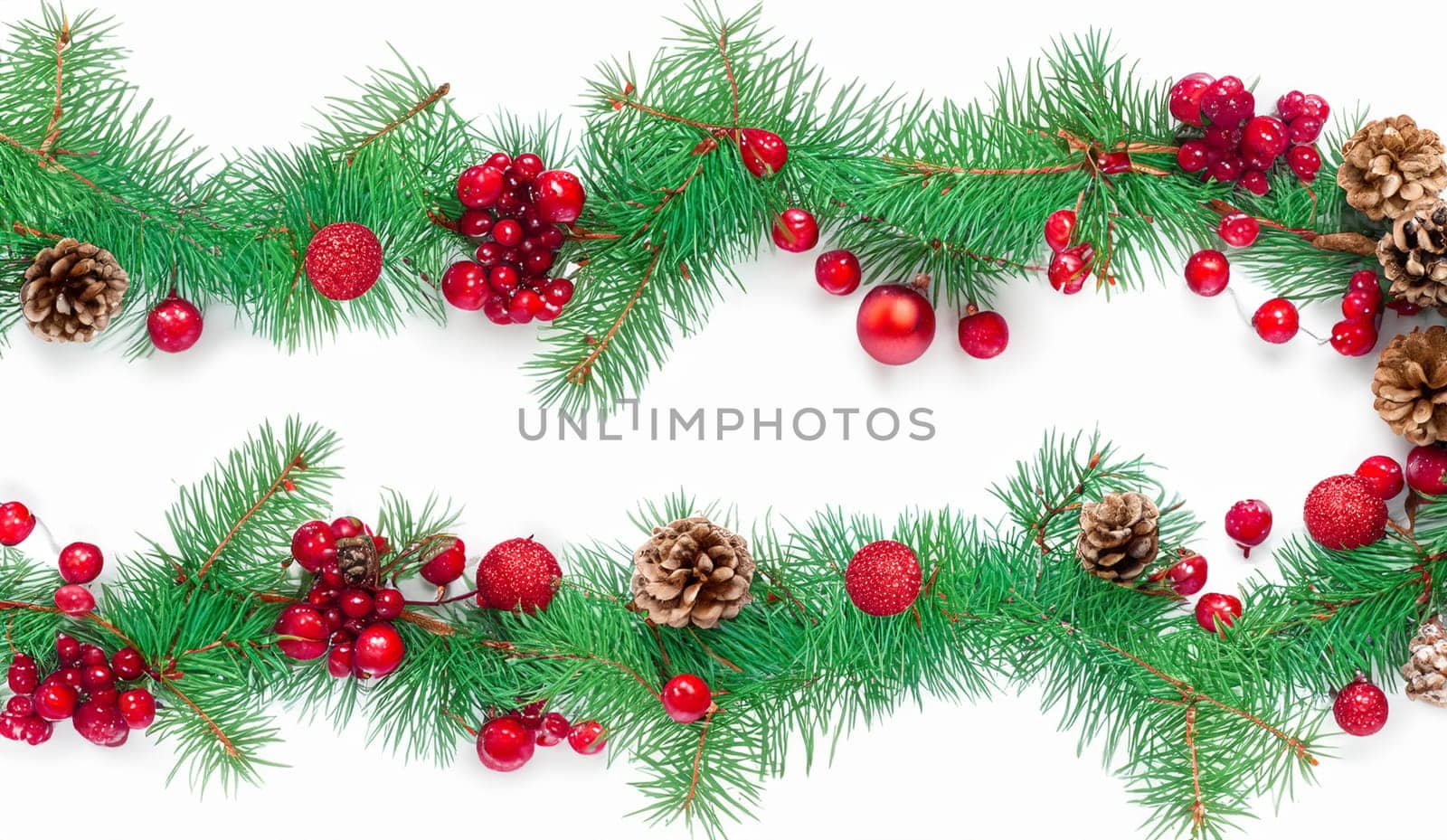 Snowberries with green twigs of Christmas tree, red decorations and cones in a holiday waved garland isolated on white or transparent background