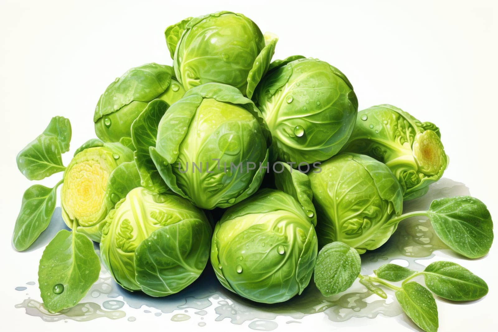 watercolor brussels sprouts isolated on white background, AI Generated