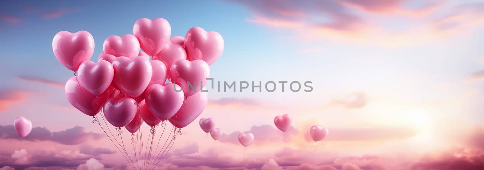 Pink balloons heart shape against colorful blue sunset sky and pink pastel sky in a sunny bright morning. Romantic postcard background on Valentine's Day. Travel and recreation theme Copy space Space for text