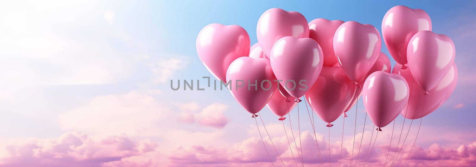 Pink balloons heart shape against colorful blue sunset sky and pink pastel sky in a sunny bright morning. Romantic postcard background on Valentine's Day. Travel and recreation theme Copy space by Annebel146