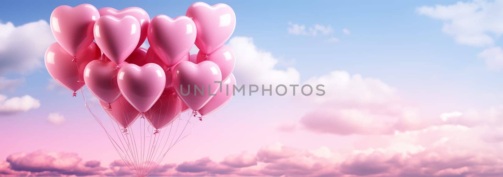 Pink balloons heart shape against colorful blue sunset sky and pink pastel sky in a sunny bright morning. Romantic postcard background on Valentine's Day. Travel and recreation theme Copy space by Annebel146