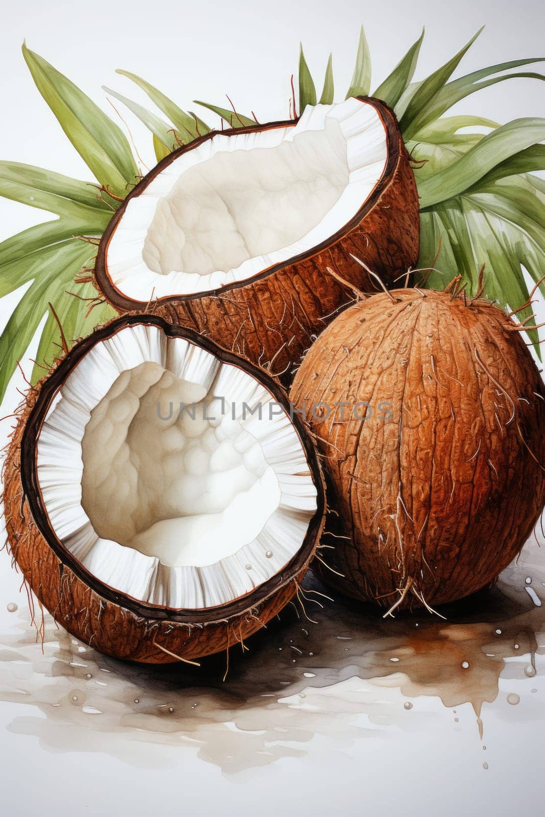 Watercolor coconut isolated on white background. AI Generated