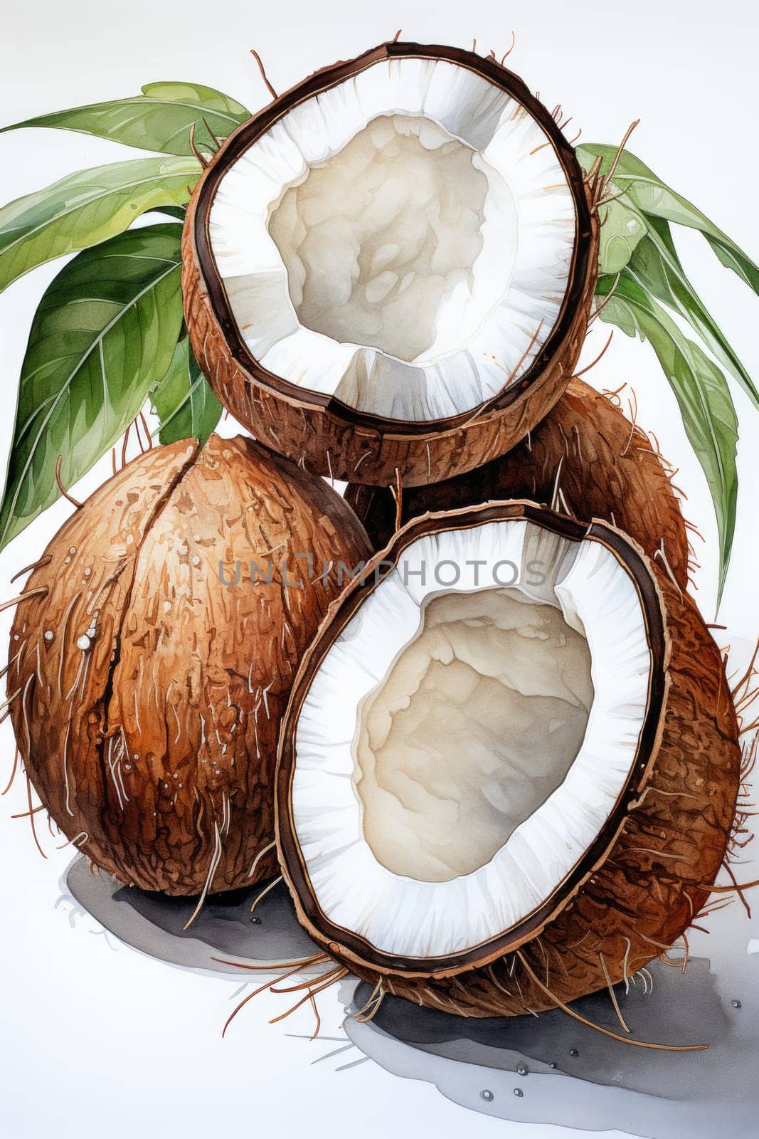 Watercolor coconut isolated on white background. AI Generated