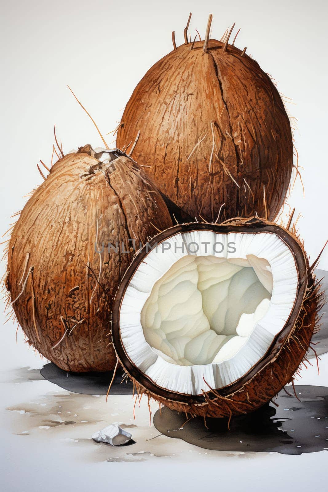 Watercolor coconut isolated on white background. AI Generated