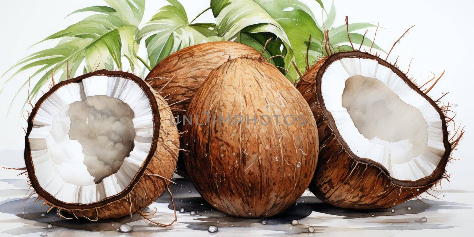 Watercolor coconut isolated on white background. AI Generated