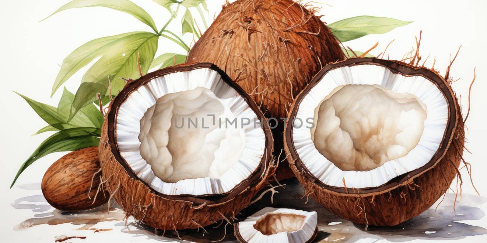 Watercolor coconut isolated on white background. AI Generated