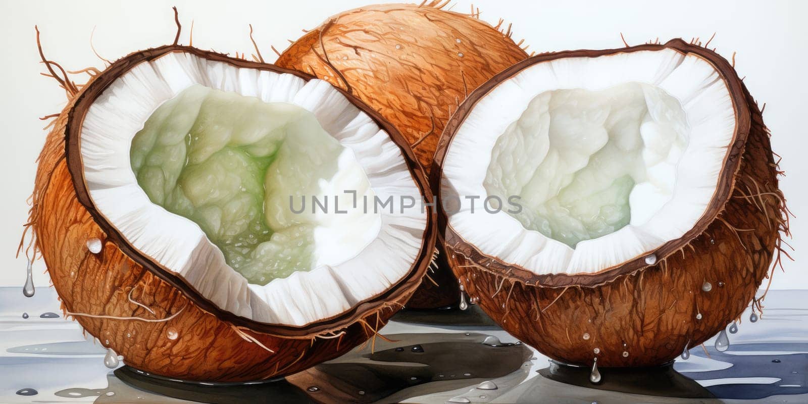 Watercolor coconut isolated on white background. AI Generated