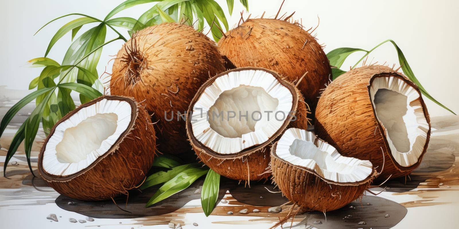 Watercolor coconut isolated on white background. AI Generated