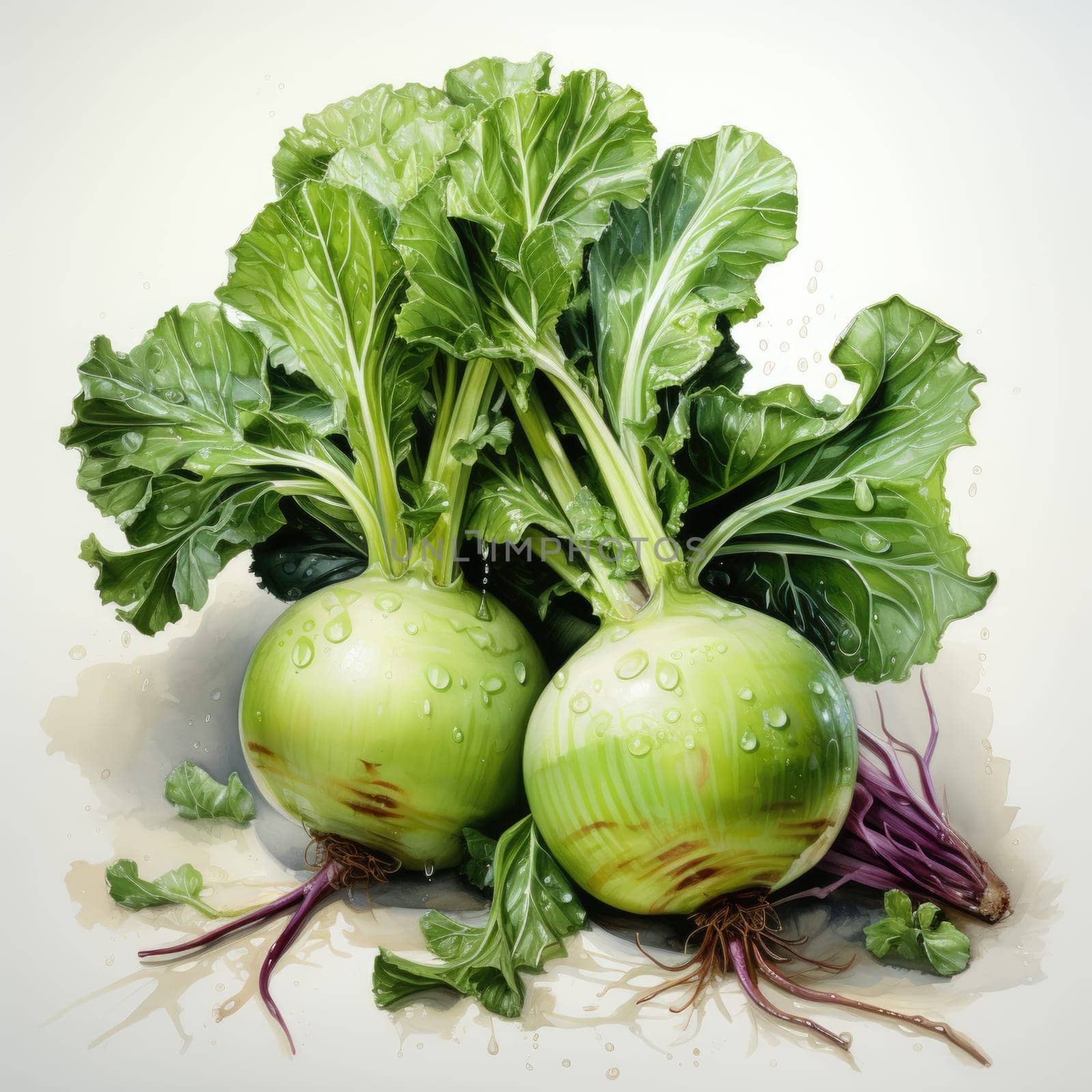 watercolor kohlrabi isolated on white background, AI Generated