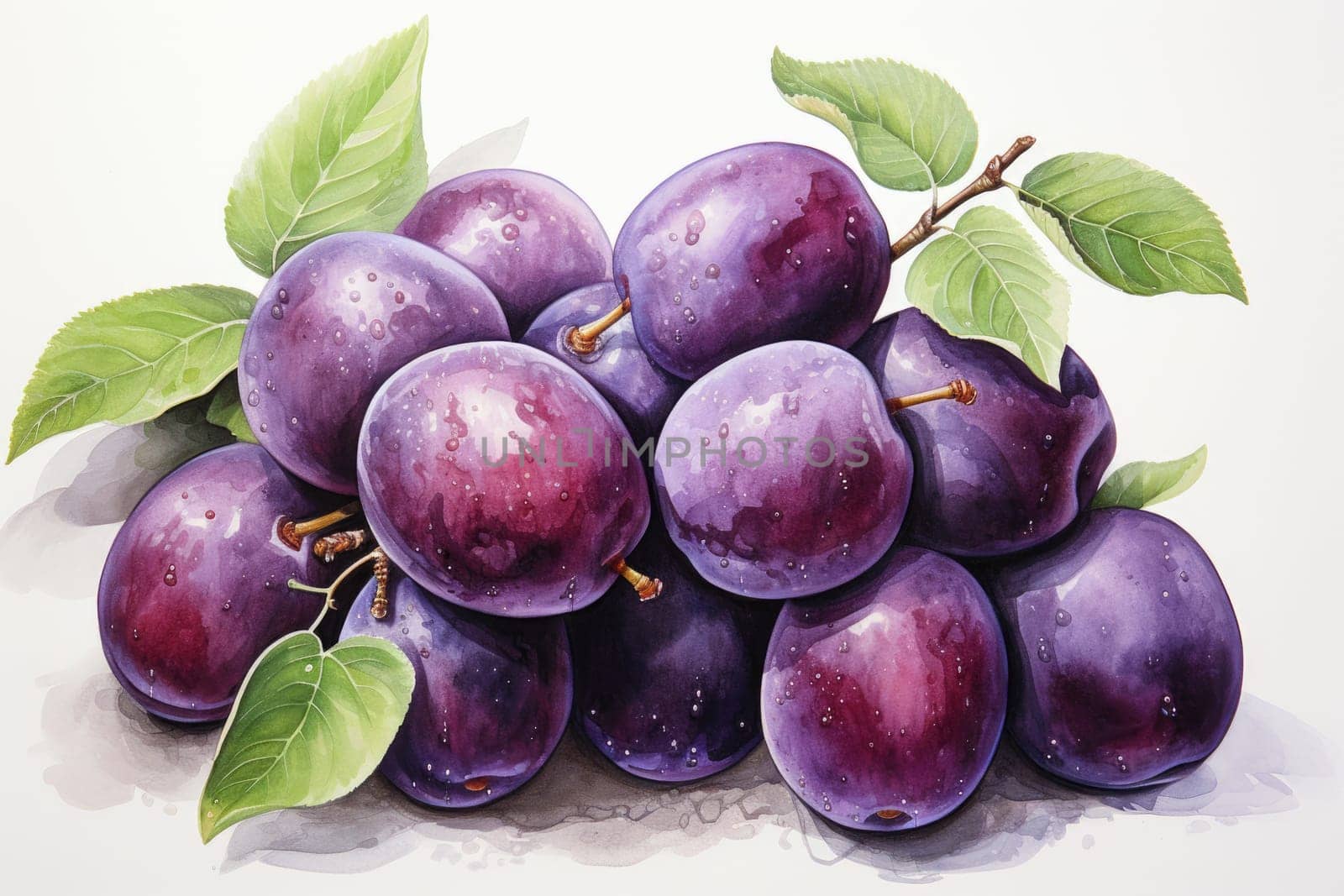 hand drawn watercolor plum fruit isolated on white background. AI Generated