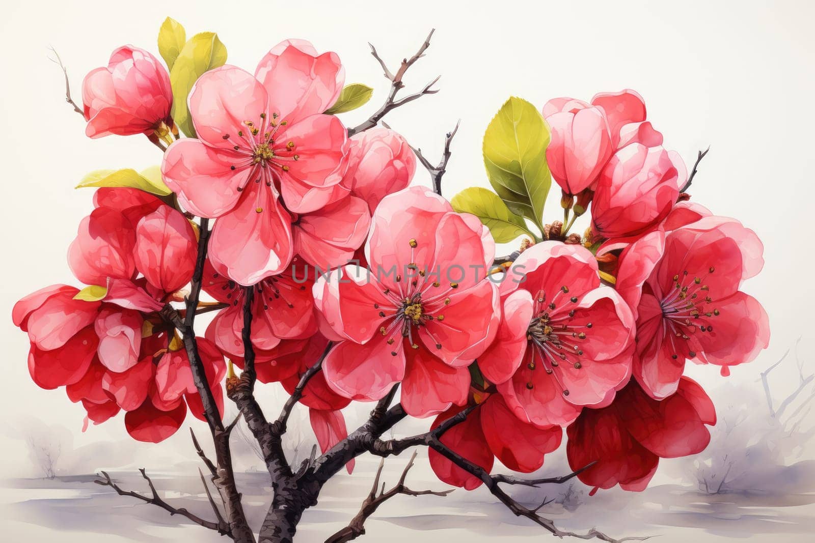 watercolor apple or sakura flowers branch on white background. AI Generated