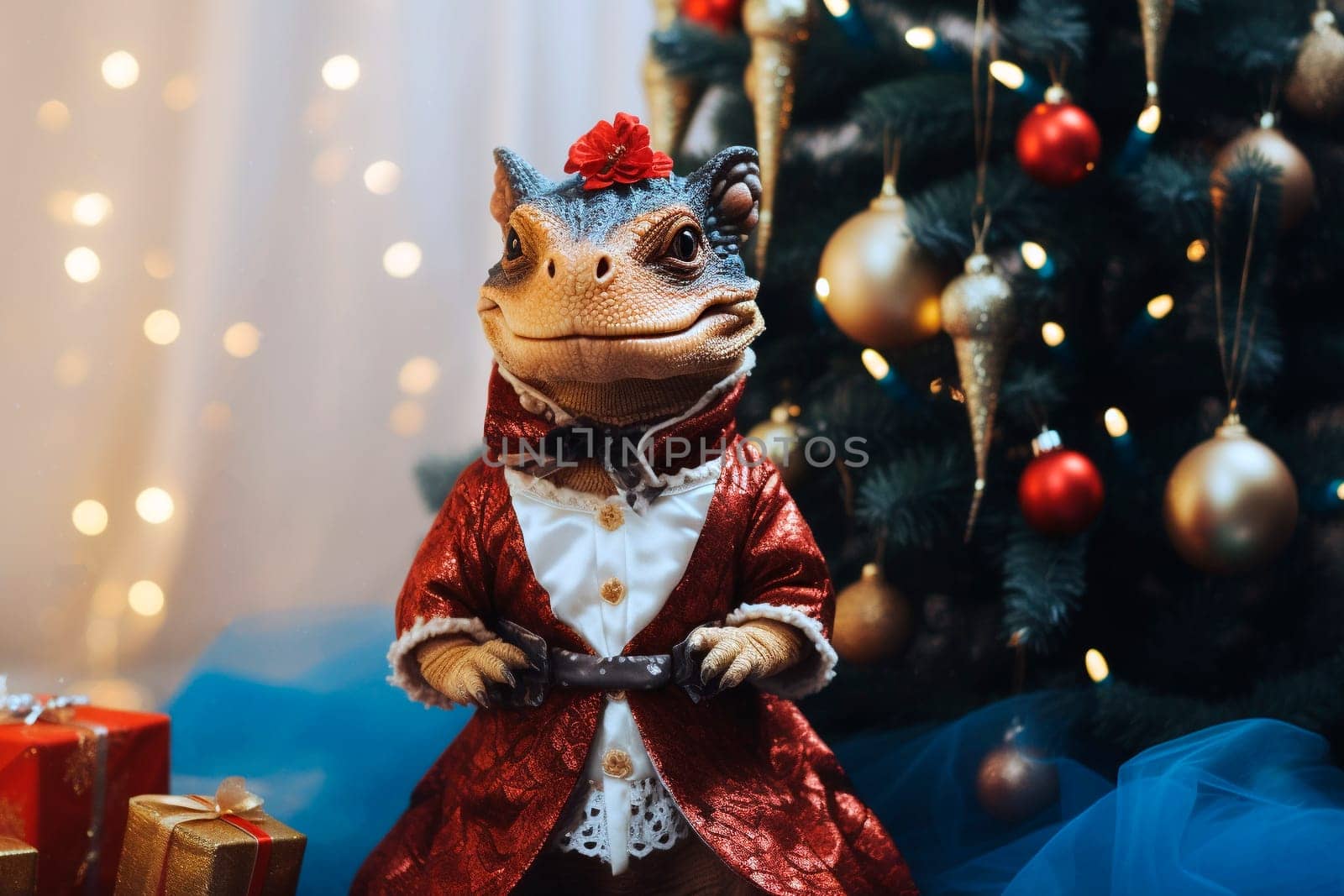 The symbol of the new year 2024. Cute green dragon near Christmas tree