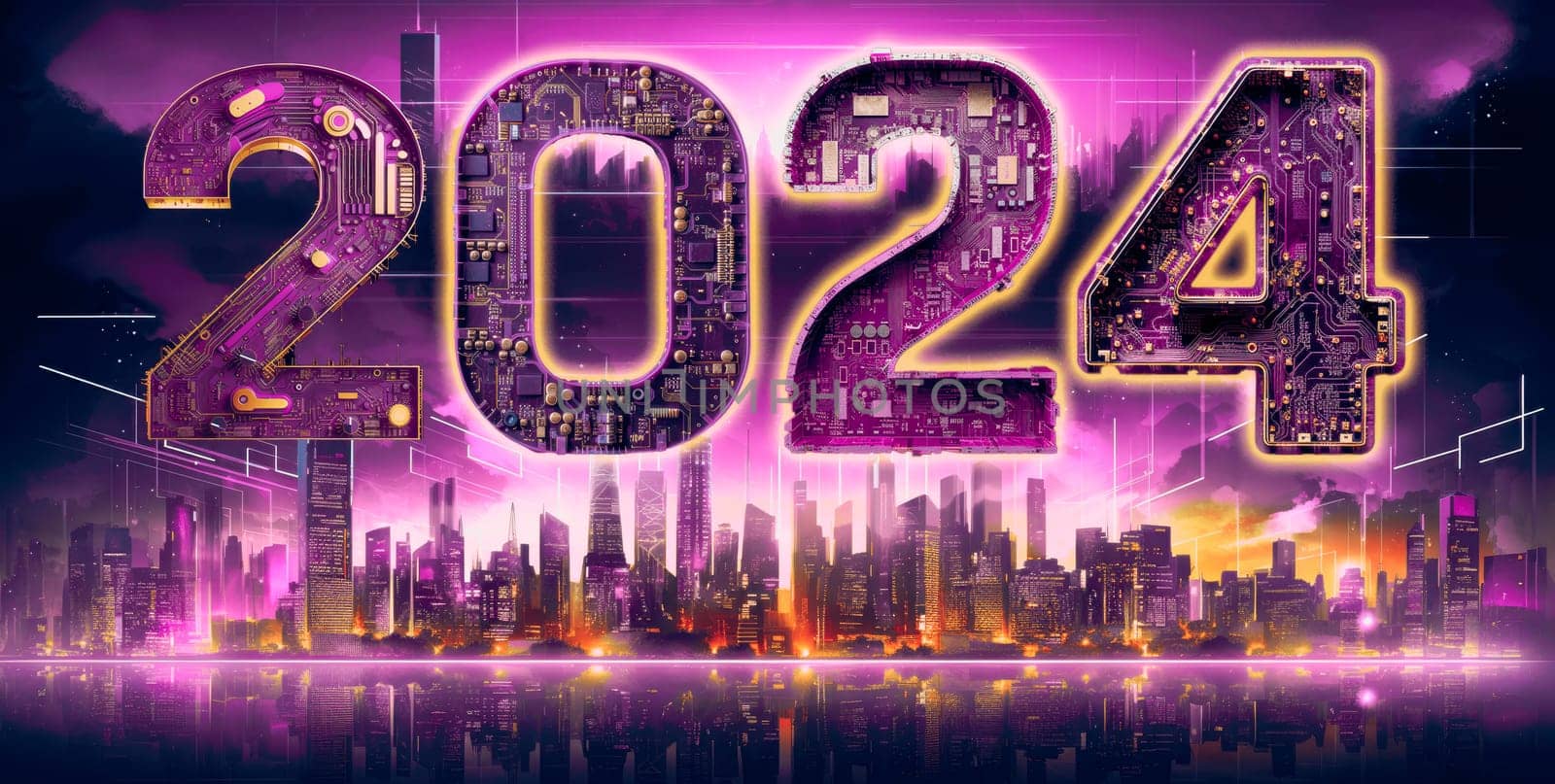 2024 new year, digital technology concept, above futuristic city skyline computer and artificial intelligence, AI for 2024 taintless lifestyle