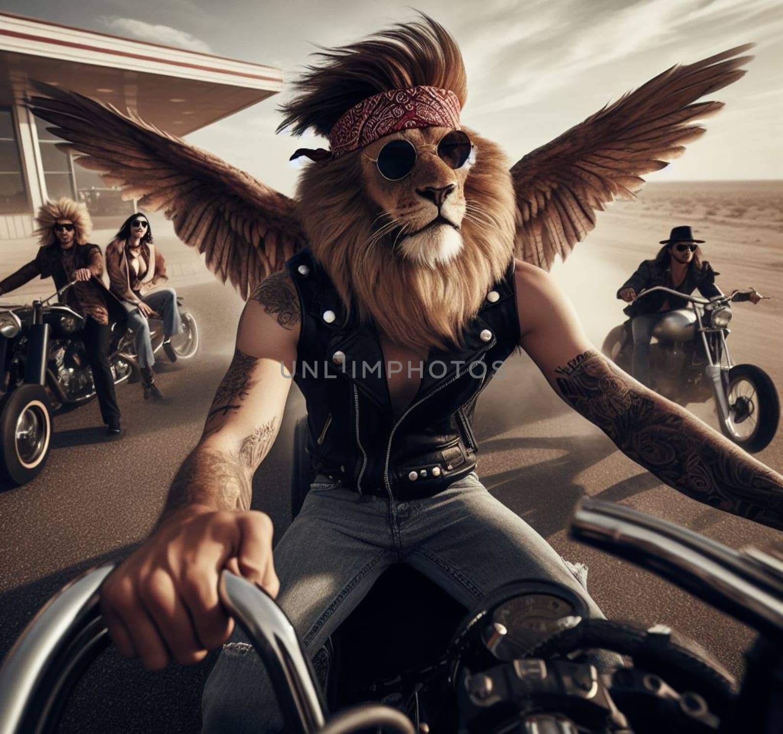 anthropomorhic lion characters gang riding custom bike hotrod on the road wearing leather blue jeans by verbano