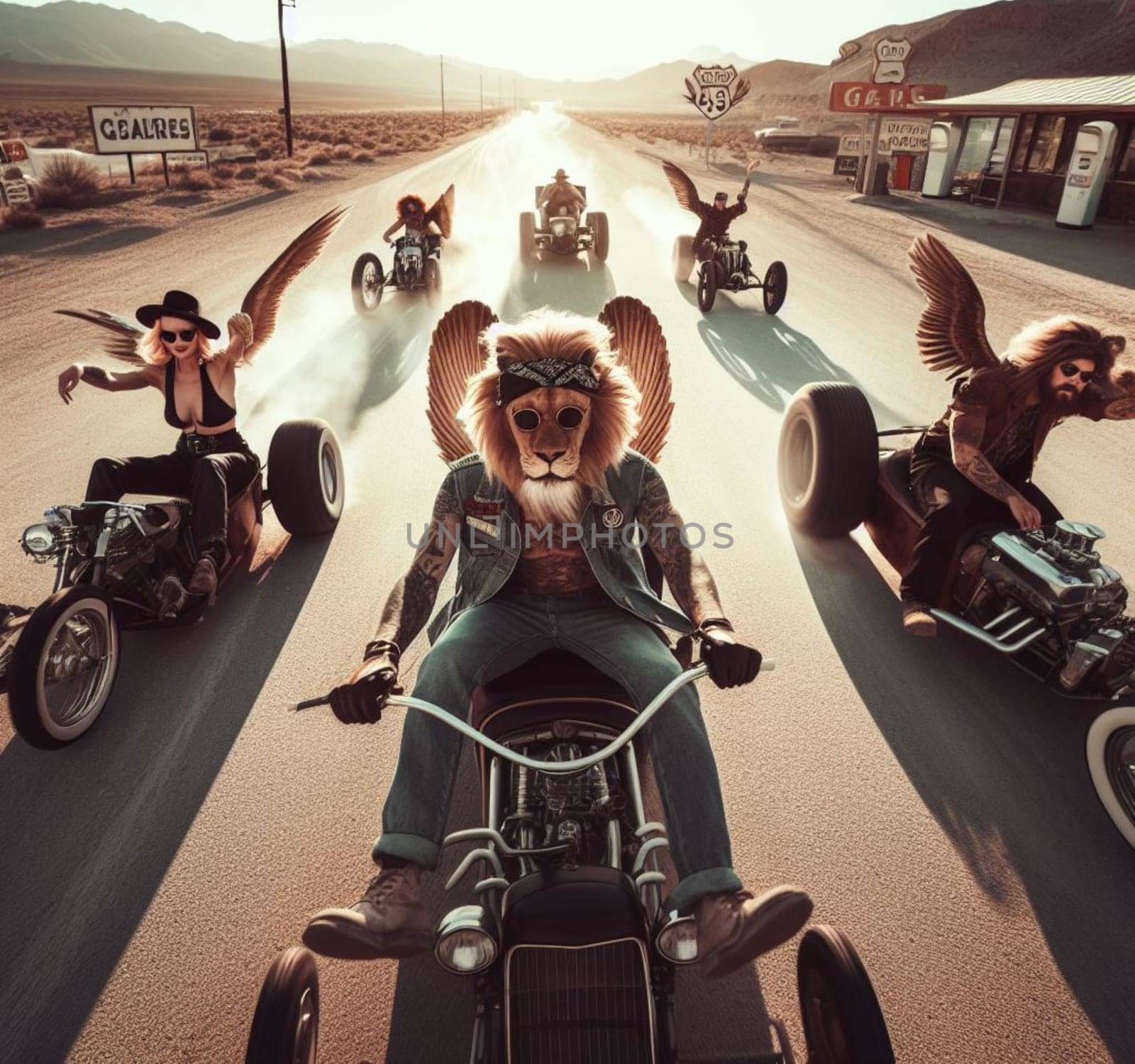 anthropomorhic lion characters gang in steampunk hot rods and tuned bikes burning rubber, wearing jeans and leather, gas station , desert road, comics illustration, mad max ai generated