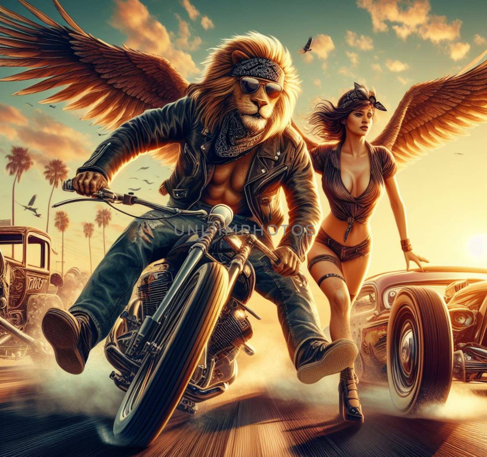 anthropomorhic lion characters gang riding custom bike hotrod on the road wearing leather blue jeans by verbano