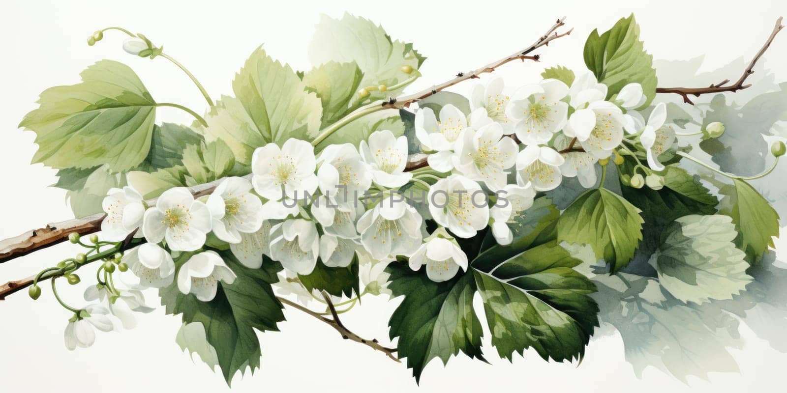 watercolor apple or sakura flowers branch on white background. AI Generated