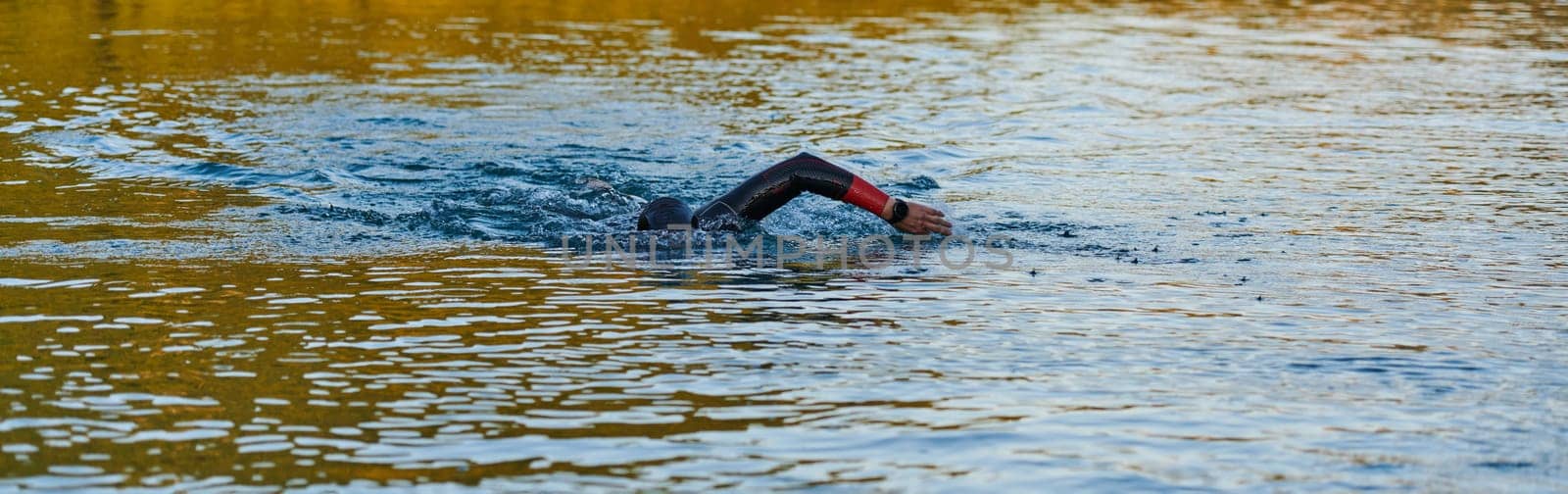 Triathlon athlete swimming on lake in sunrise wearing wetsuit by dotshock