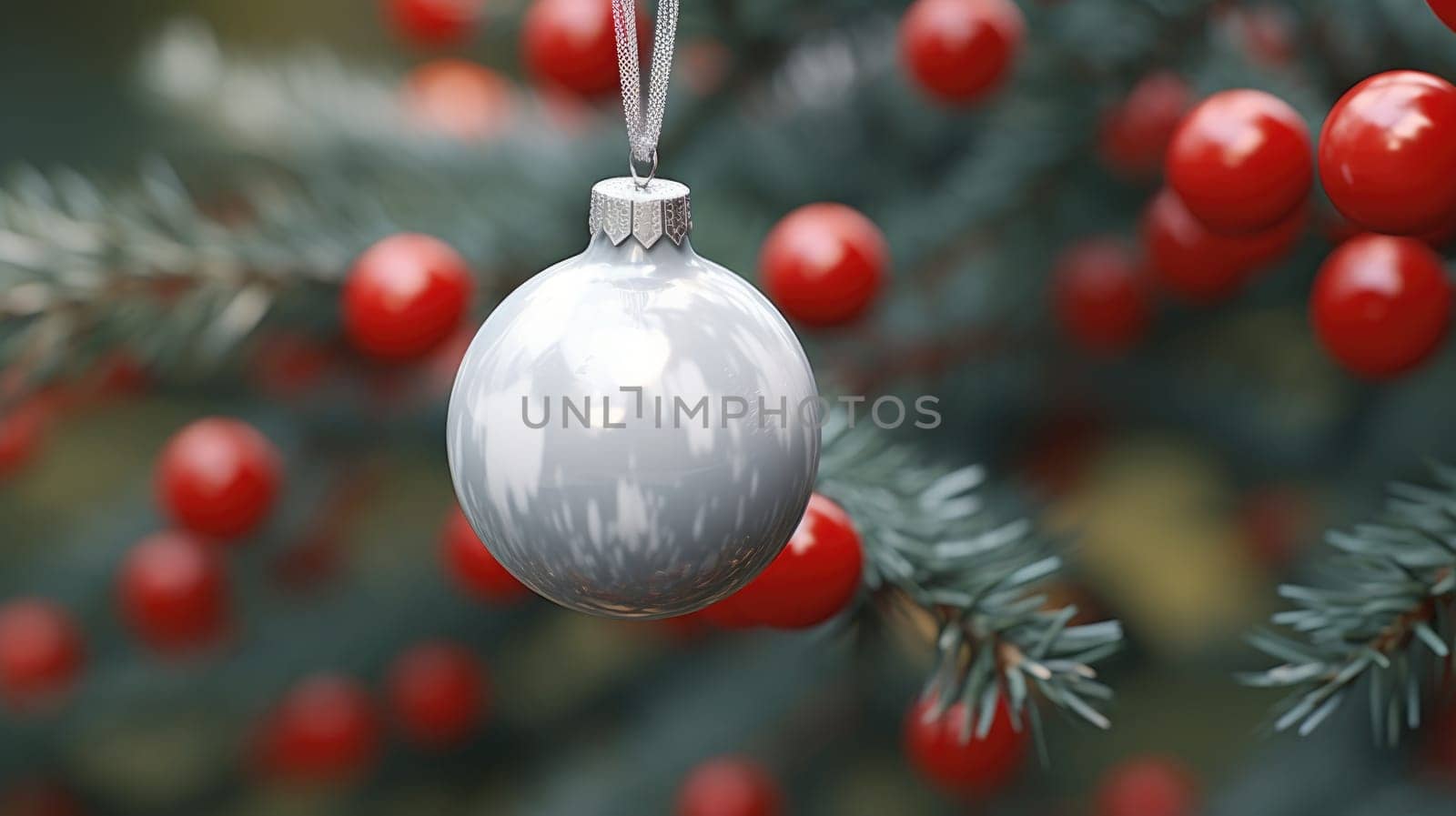 Christmas and New Years Eve background. Holiday background with Christmas baubles on fir tree with highlights and soft bokeh background. Template with text area for designing posters, web banners etc