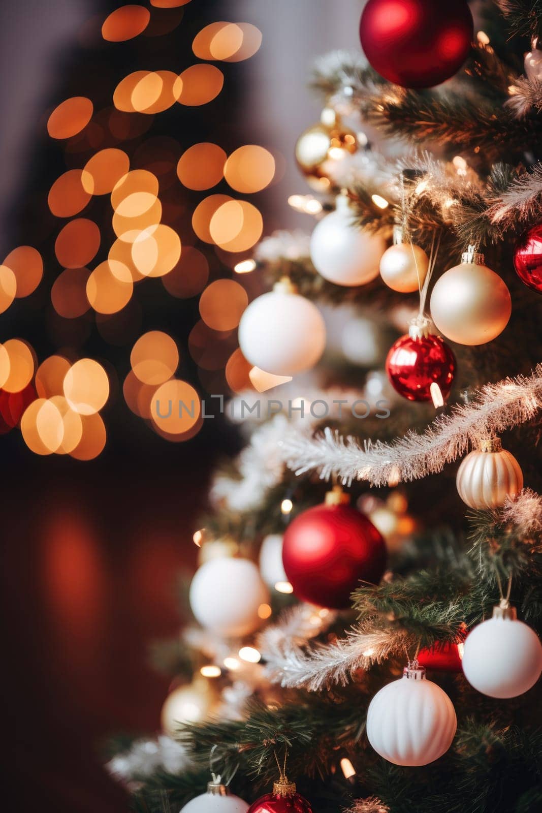 Christmas and New Years Eve background. Holiday background with Christmas baubles on fir tree with highlights and soft bokeh background. Template with text area for designing posters, web banners etc