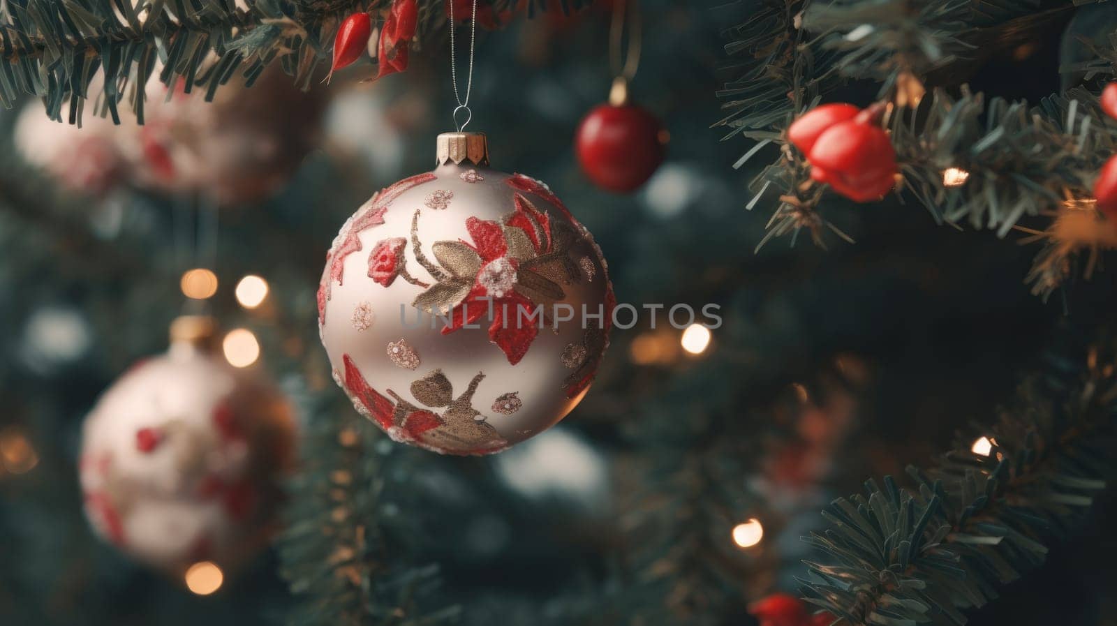 Christmas and New Years Eve background. Holiday background with Christmas baubles on fir tree with highlights and soft bokeh background. Template with text area for designing posters, web banners etc