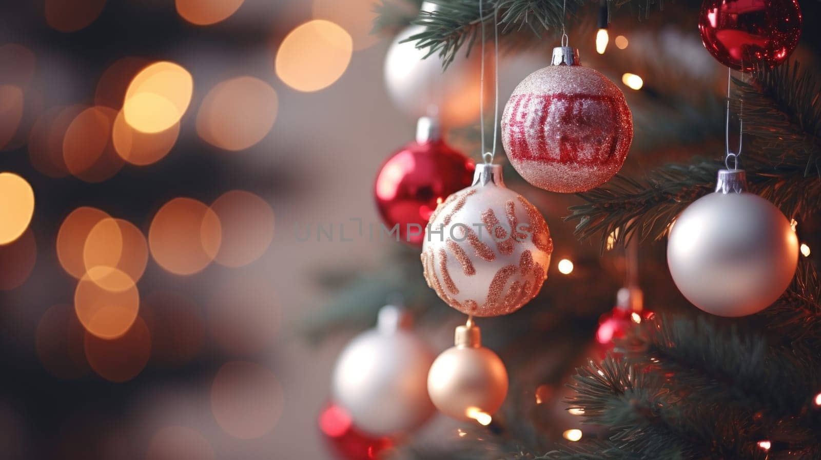 Christmas and New Years Eve background. Holiday background with Christmas baubles on fir tree with highlights and soft bokeh background. Template with text area for designing posters, web banners etc