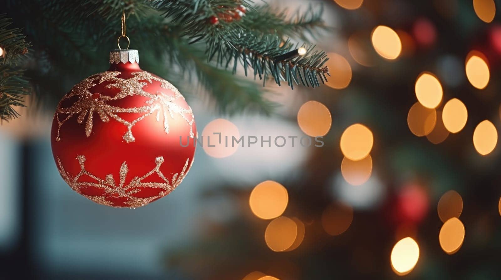 Christmas and New Years Eve background. Holiday background with Christmas baubles on fir tree with highlights and soft bokeh background. Template with text area for designing posters, web banners etc