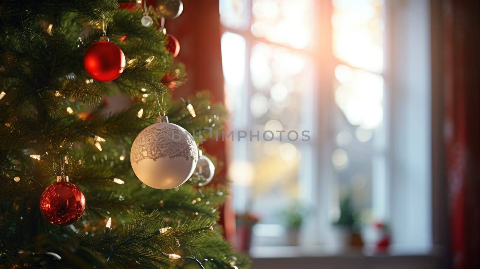 Christmas and New Years Eve background. Holiday background with Christmas baubles on fir tree with highlights and soft bokeh background. Template with text area for designing posters, web banners etc