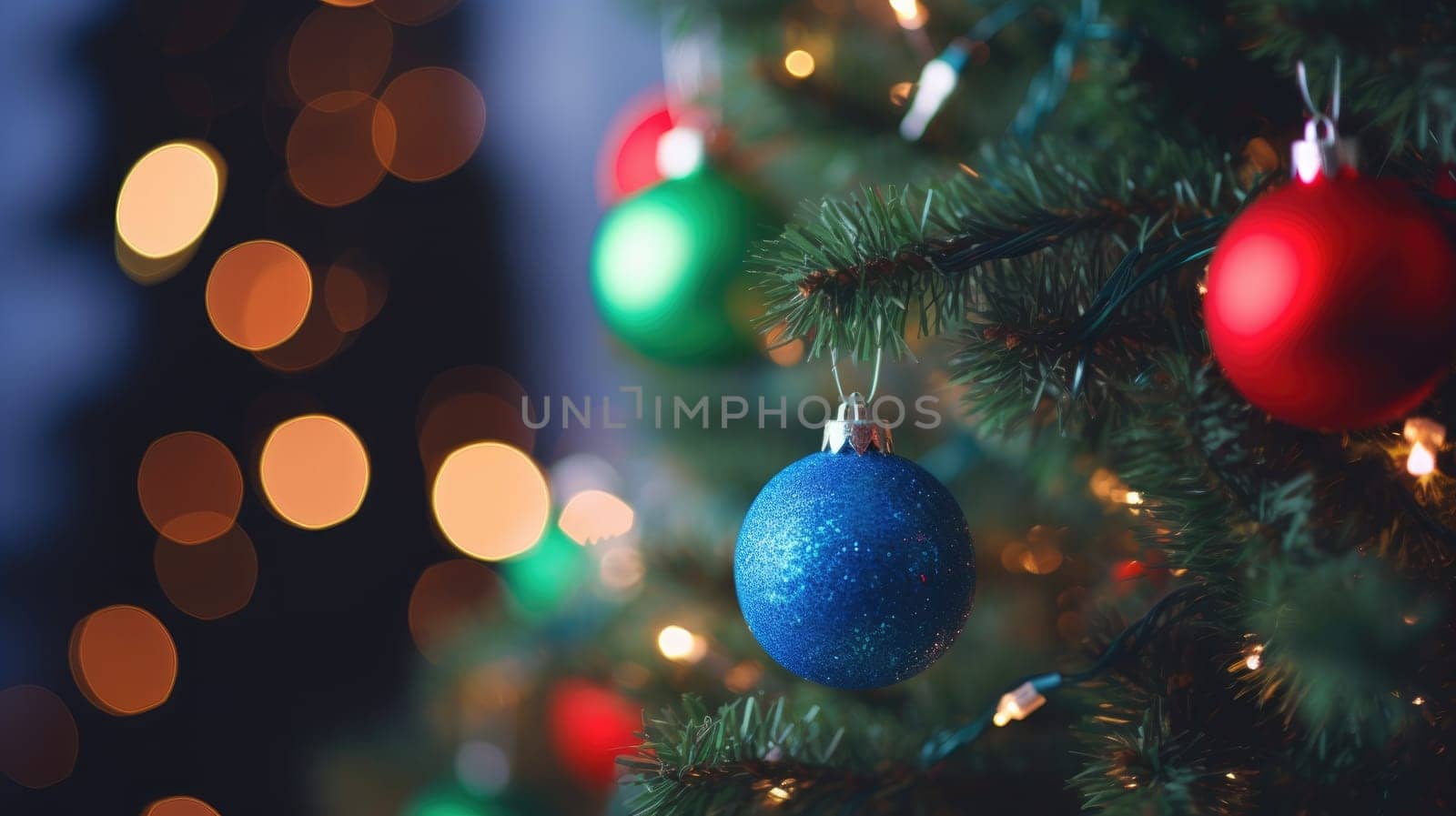 Christmas and New Years Eve background. Holiday background with Christmas baubles on fir tree with highlights and soft bokeh background. Template with text area for designing posters, web banners etc