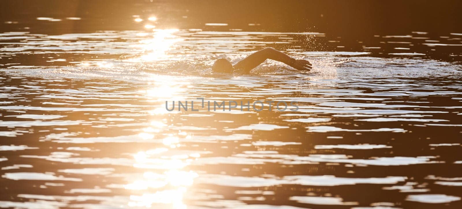 Triathlon athlete swimming on lake in sunrise wearing wetsuit by dotshock