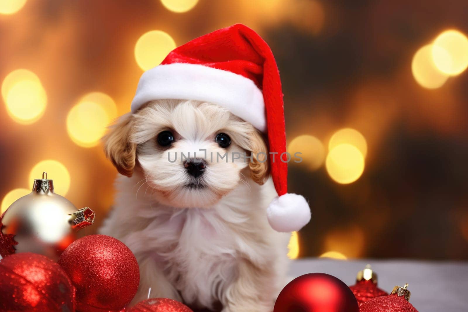 Adorable dog wearing Santa hats at room decorated for Christmas comeliness