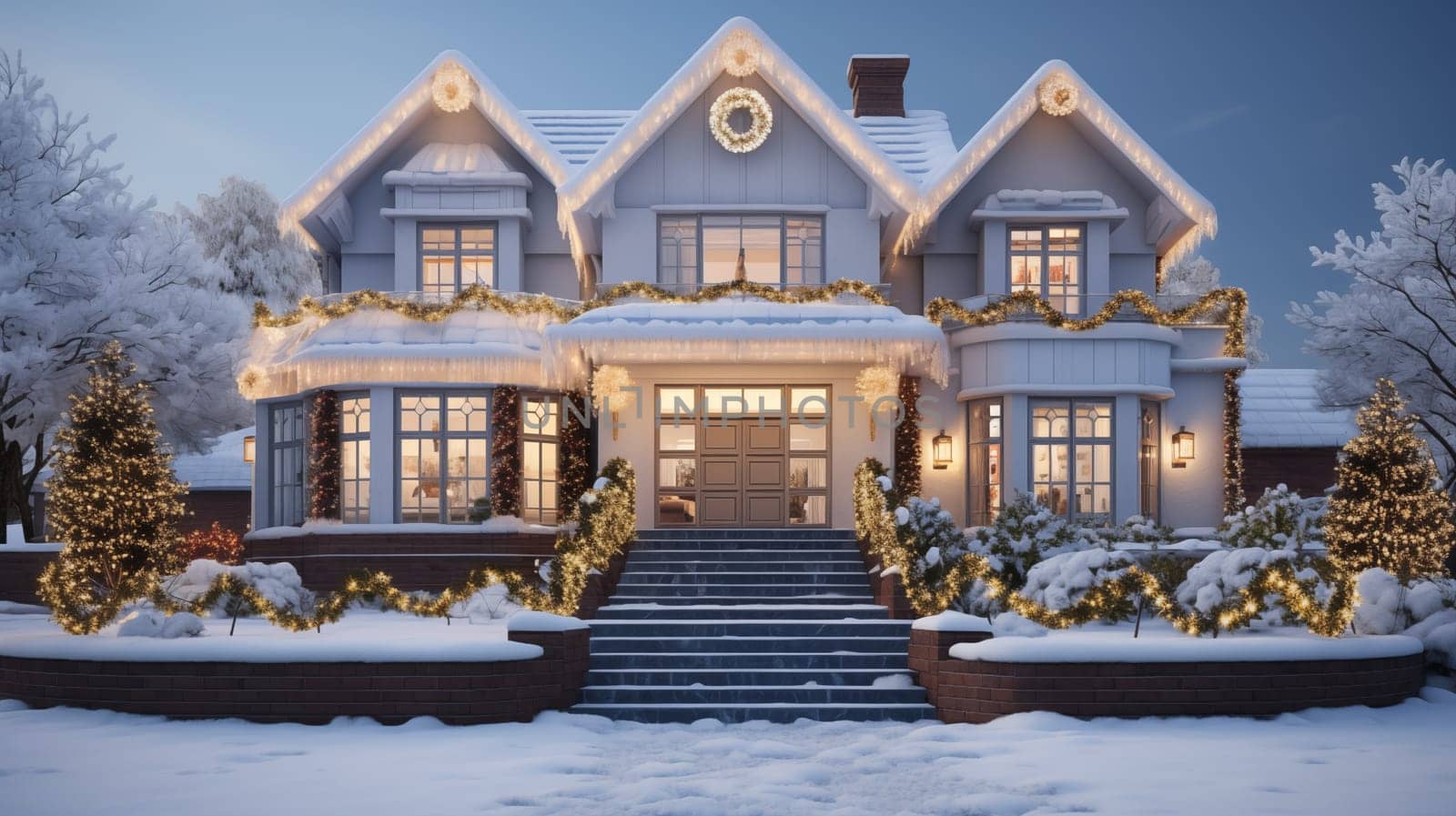 A night view of a shining, beautiful modern house decorated for Christmas.