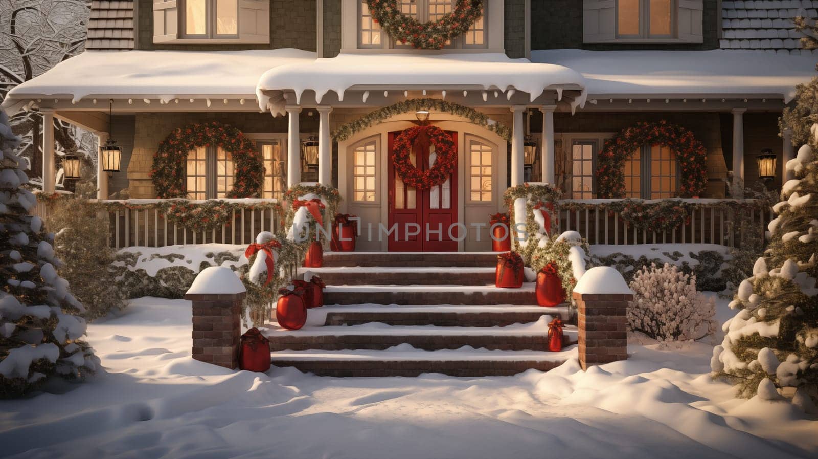 Staircase outside, in a country house, decorated for Christmas, snow-covered, at dusk.