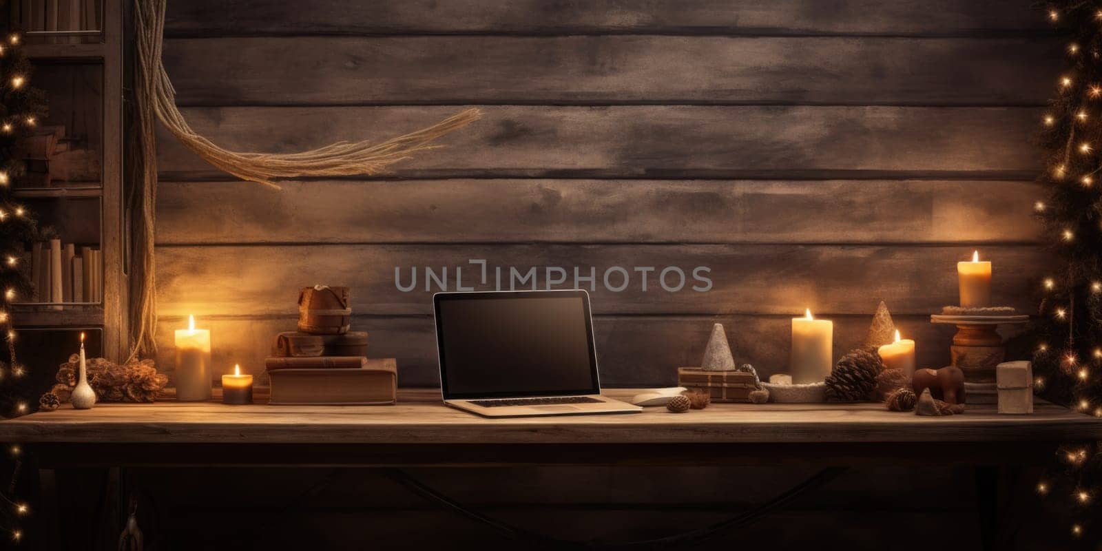 wider view of wooden desk with christmas decor at home in winter comeliness