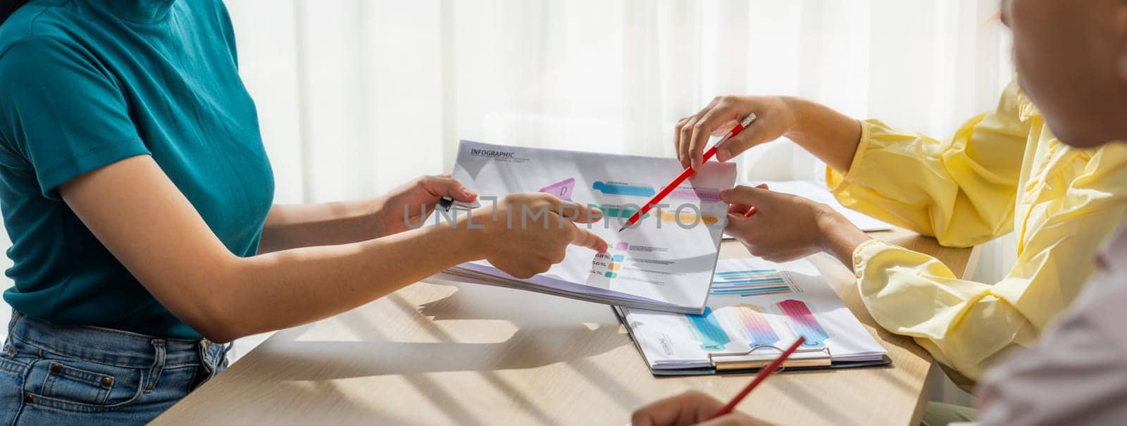 Startup company employee working together, analyzing BI dashboard paper on financial data report and planning strategic marketing for business success in panorama banner. Synergic