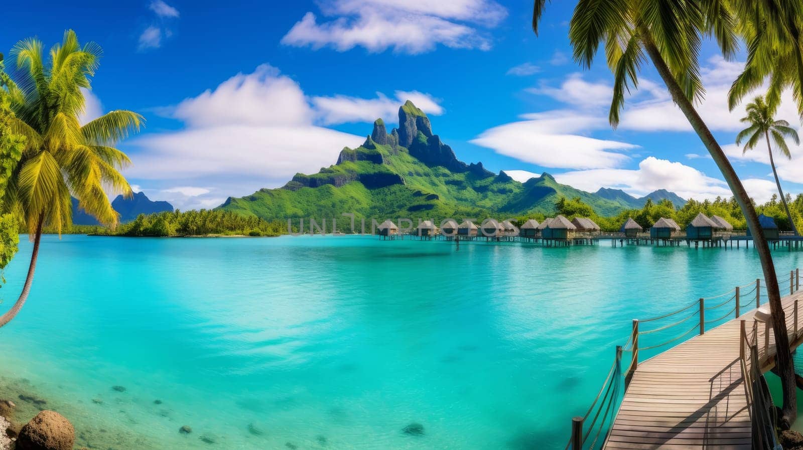 Quiet and calm lagoon on the island with crystal clear, azure water bungalows over the water and palm trees