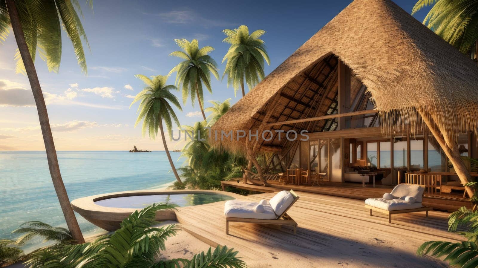 Eco-house or villa with palm trees, on the ocean and beach. Ecotourism and vacation concept by Alla_Yurtayeva