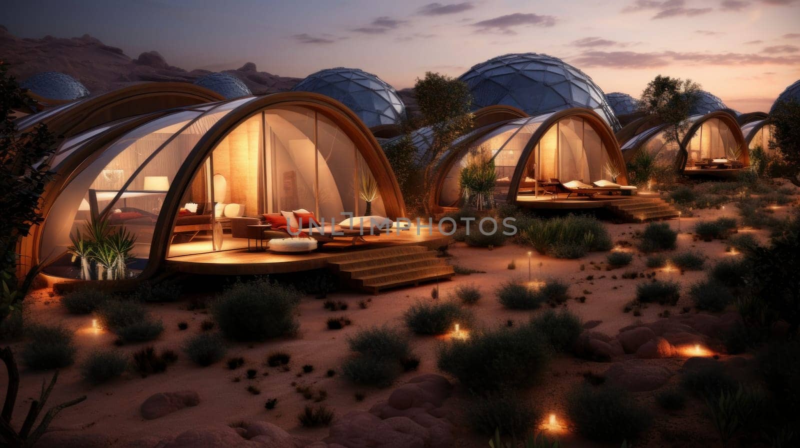 Eco-friendly eco-lodge with eco-friendly houses in a desert landscape. Ecotourism concept and environmental protection.